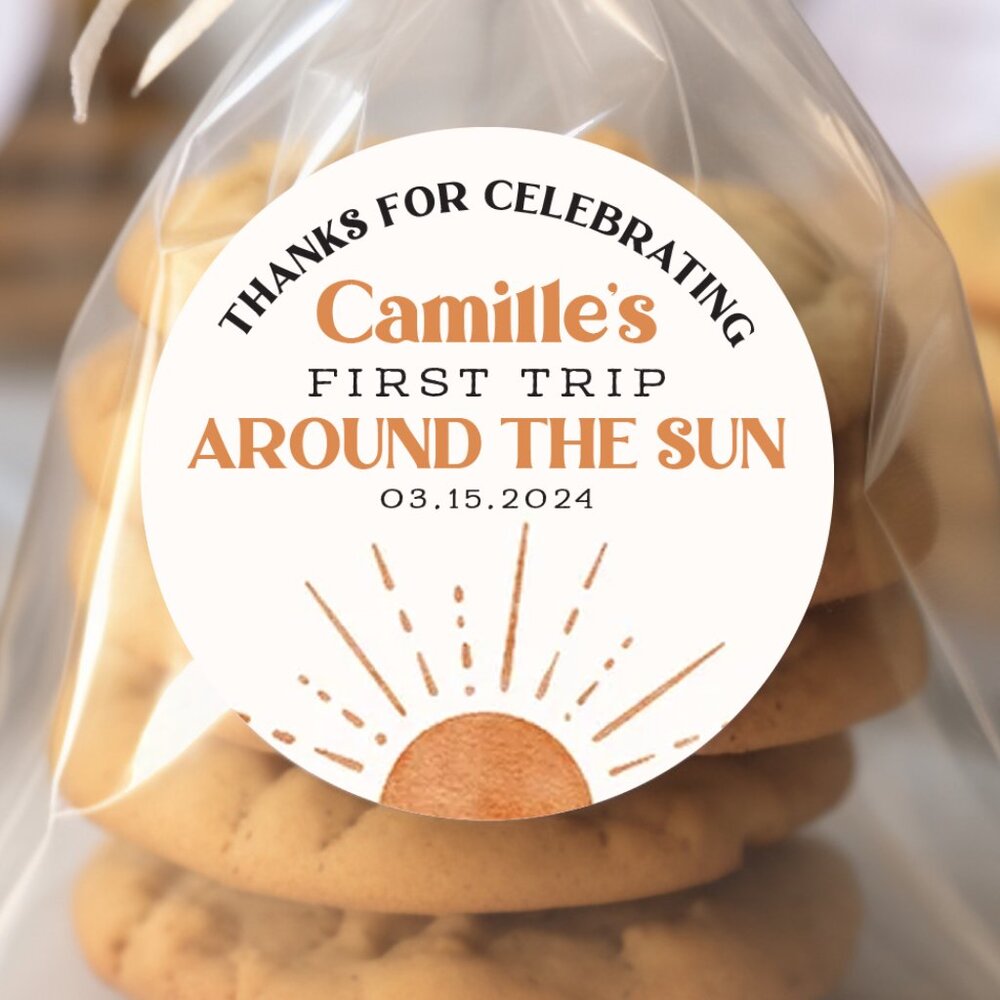First Trip Around the Sun Birthday Stickers, Sun First Birthday Party Favor Tags